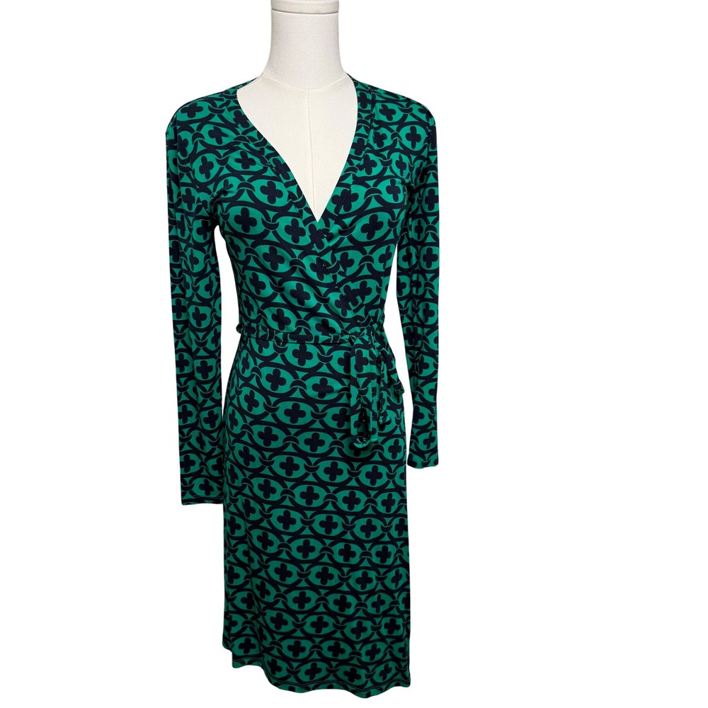Boden Green Navy Geometric Quatrefoil Sylvia Wrap Dress WW120 US 4P